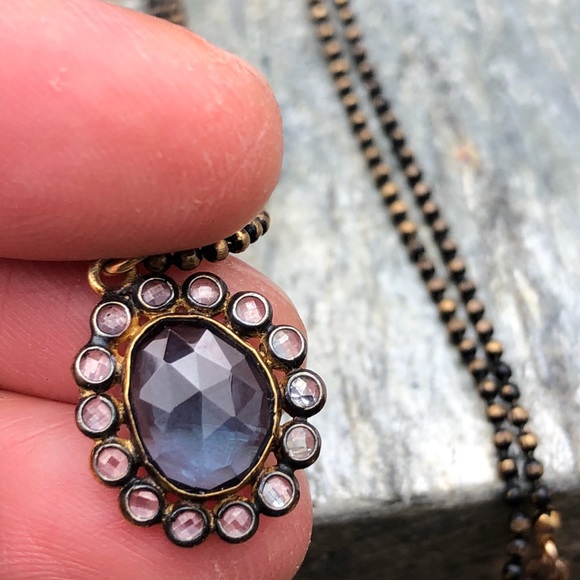 Blue Spinal & white sapphire black gold necklace